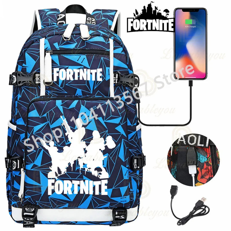 Mochila Yule Trooper F-Fortnited Battle Royale com carregamento USB, figuras anime e compartimento para material escolar para estudantes