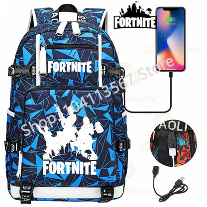 Mochila Yule Trooper F-Fortnited Battle Royale com carregamento USB, figuras anime e compartimento para material escolar para estudantes