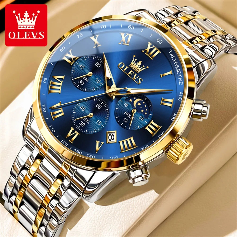 Relógio de Homem OLEVS 5529 de Marca Top Luxury, Impermeável, Luminoso, em Aço Inoxidável, com Fase Lunar e Código de Temporização, Novo Relógio de Quartzo para Homem