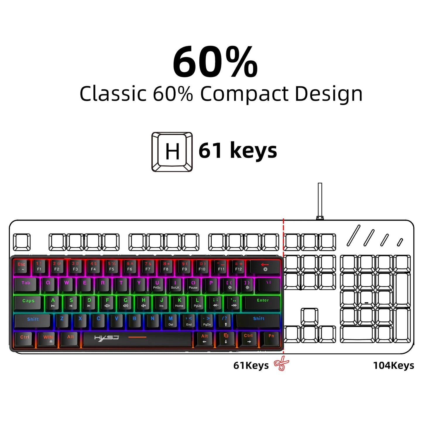 Mechanical Keyboard 61 Keys Colorful Wired USB Keyboards Gamer Gaming 60% Backlit Computer Key Board PC Teclado Ergonomic Office