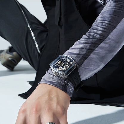 BONEST GATTI New Fully Automatic Men Watch Skeleton Mechanical Watch Rubber Black Band Luminous Barrel Shaped Men Watch