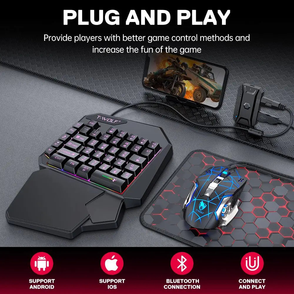Gamer Kit Mobile Gaming Keyboard Mouse Mobile Games Converter 3 In 1 Combo One Hand Keyboard for PUBG Mobile Games TF900