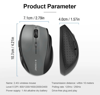 Rato E-YOOSO E-1010 USB 2.4G sem fios para gaming e escritório, 2400 DPI, ótico e ergonómico, para portátil, PC e computador