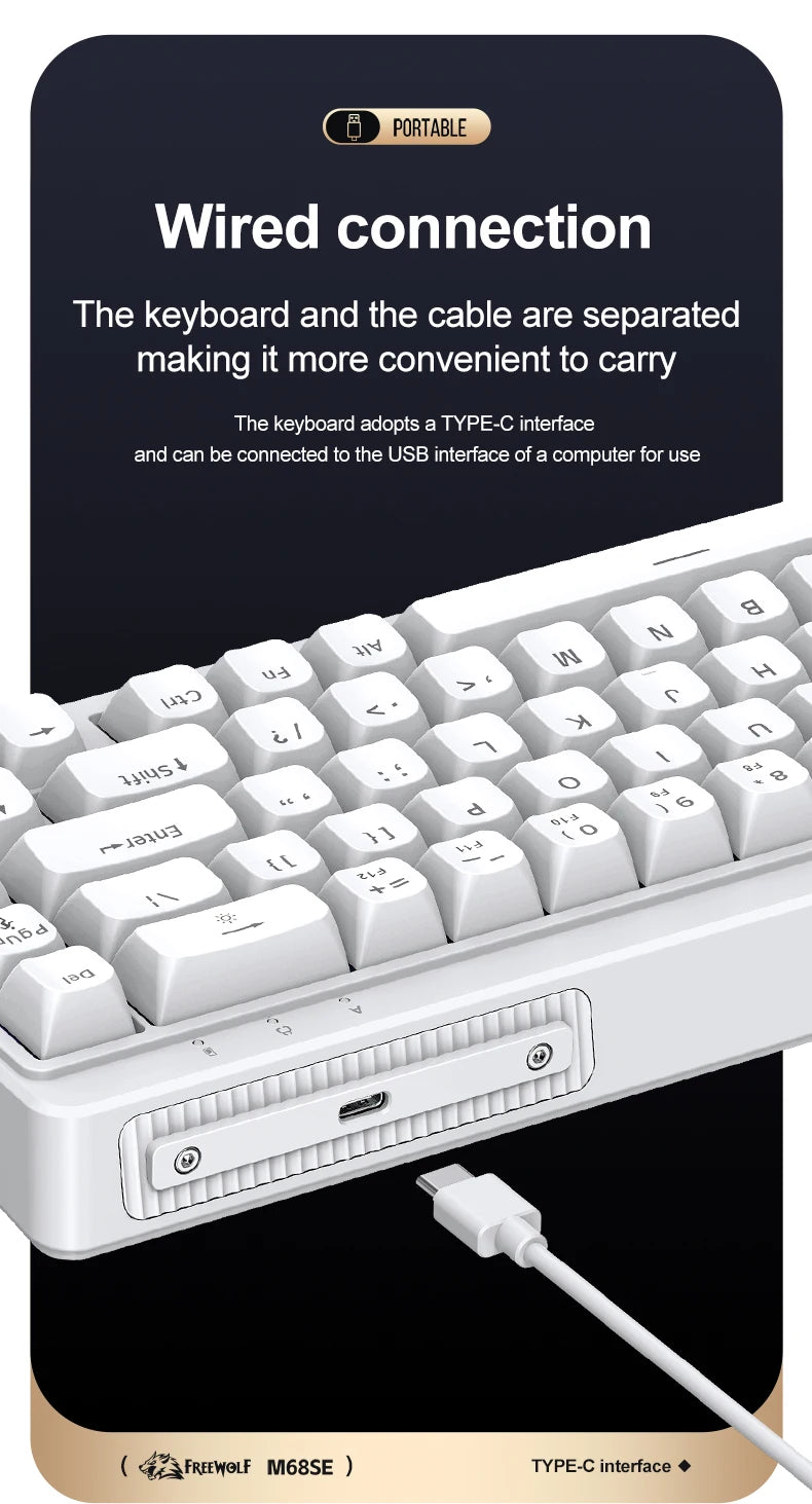FREEWOLF M68SE Mechanical Feel Keyboard 68 Keys Mini Wired Compact Keyboard Silent for Laptops, Gaming and Office Use