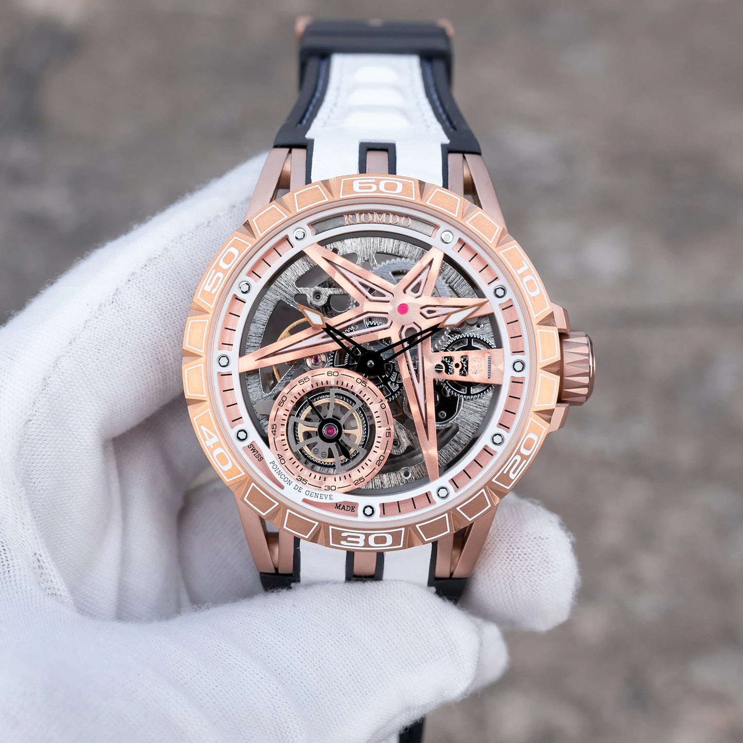OBLVLO Mens Luxury Machinery Skeleton Dial Mechanical Automatic Watch Analog White Rubber Band Military Watch RD-901