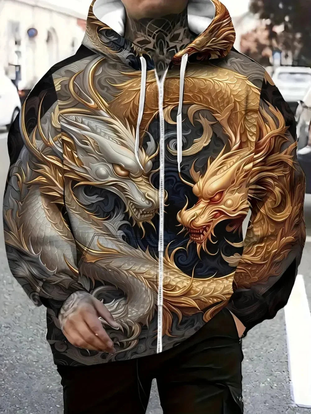 Mens Dragon Print Zipper Hoodie Outdoor Activities Travel Drawstring Long Sleeve Hoodies Autumn Winter Oversize Man Sweatshirts