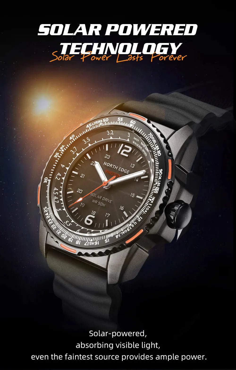 NORTH EDGE PHOTON Men Digital Military Watch Waterproof 50M Men's Sport Wristwatches Solar Power Luminous Enviormentally Clock