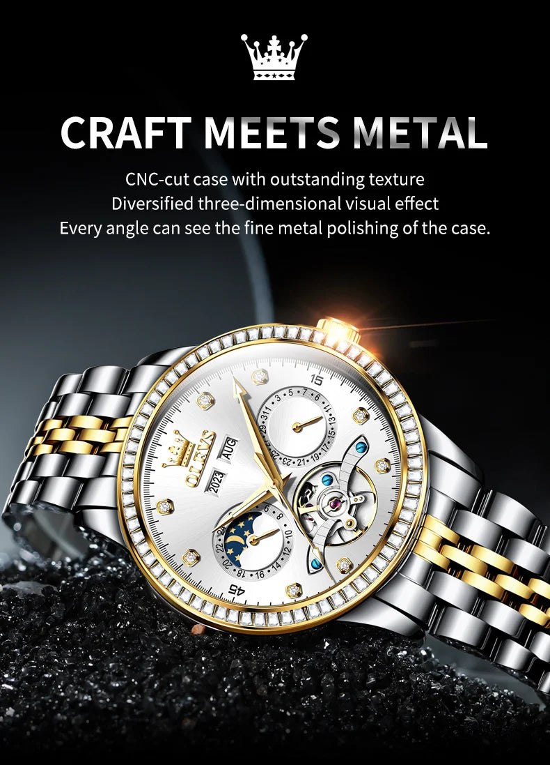 OLEVS 7016 Luxury Automatic Watch Men Skeleton Tourbillon Moon Phase Calendar Waterproof Stainless Steel Mechanical Wristwatch