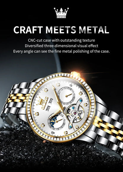 OLEVS 7016 Luxury Automatic Watch Men Skeleton Tourbillon Moon Phase Calendar Waterproof Stainless Steel Mechanical Wristwatch