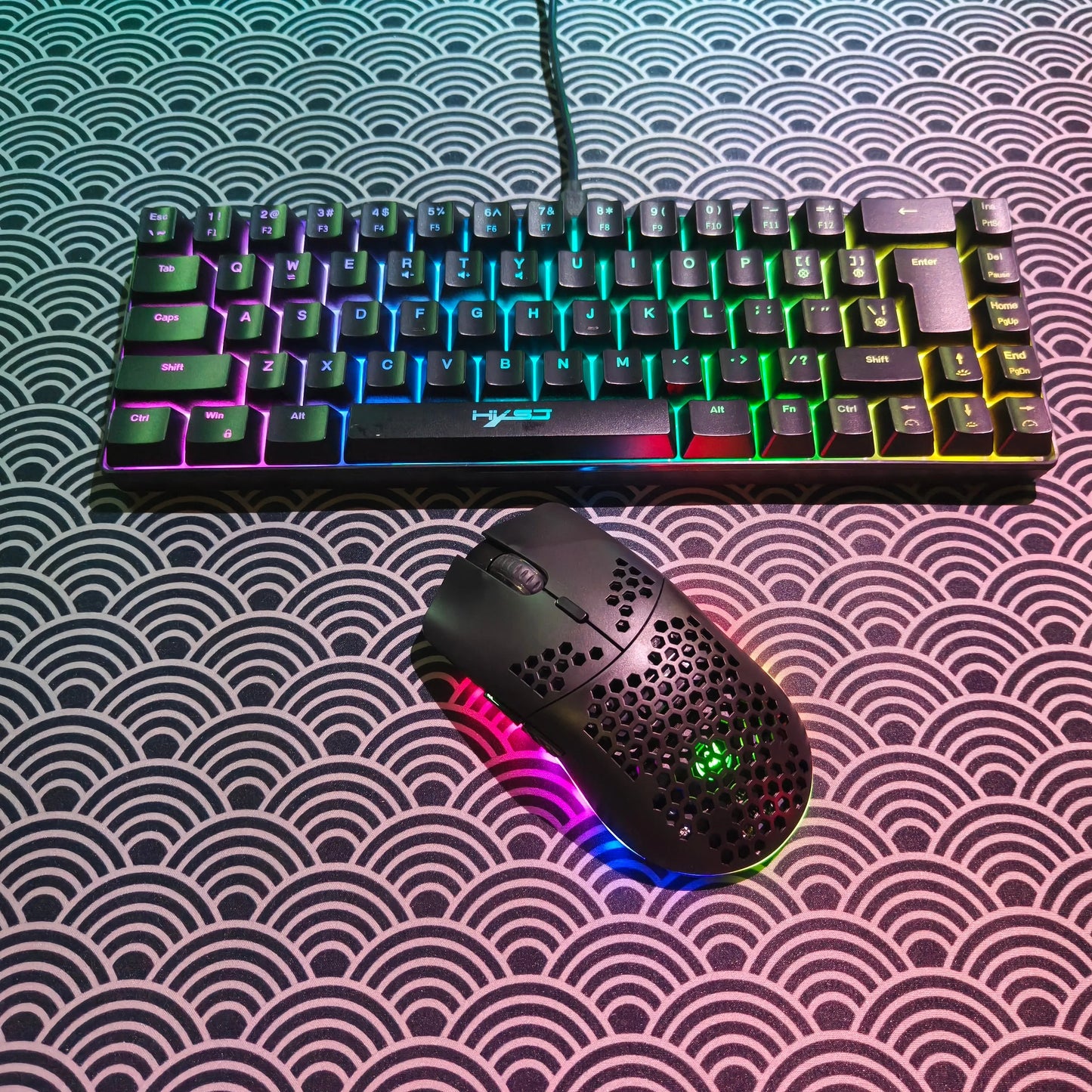 Portable HXSJ 60% RGB Gaming Keyboard and Mouse Set 68-Key Wired Membrane Keyboard 3-Mode Lightweight Wireless Mouse for PC Mac