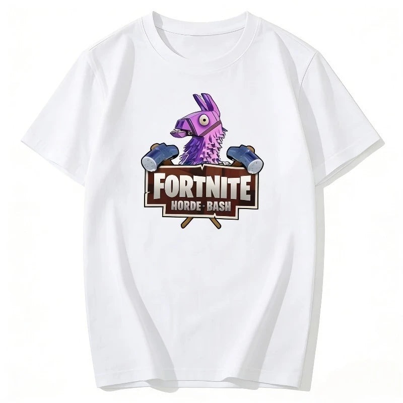 T-shirt infantil branco de algodão com estampado cartoon do tema Fortnite, manga curta, verão, jogo popular