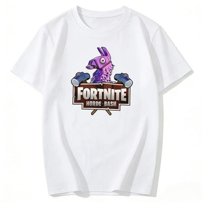 T-shirt infantil branco de algodão com estampado cartoon do tema Fortnite, manga curta, verão, jogo popular