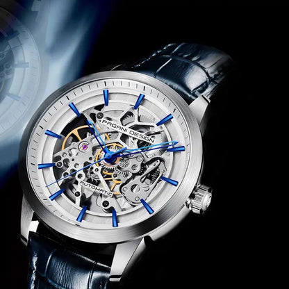 PAGANI DESIGN Új, csontvázszerkezetű férfi mechanikus karórák – csúcsminőségű luxus automata karórák férfiaknak, kék bőr szíjjal, vízálló karóra férfiaknak