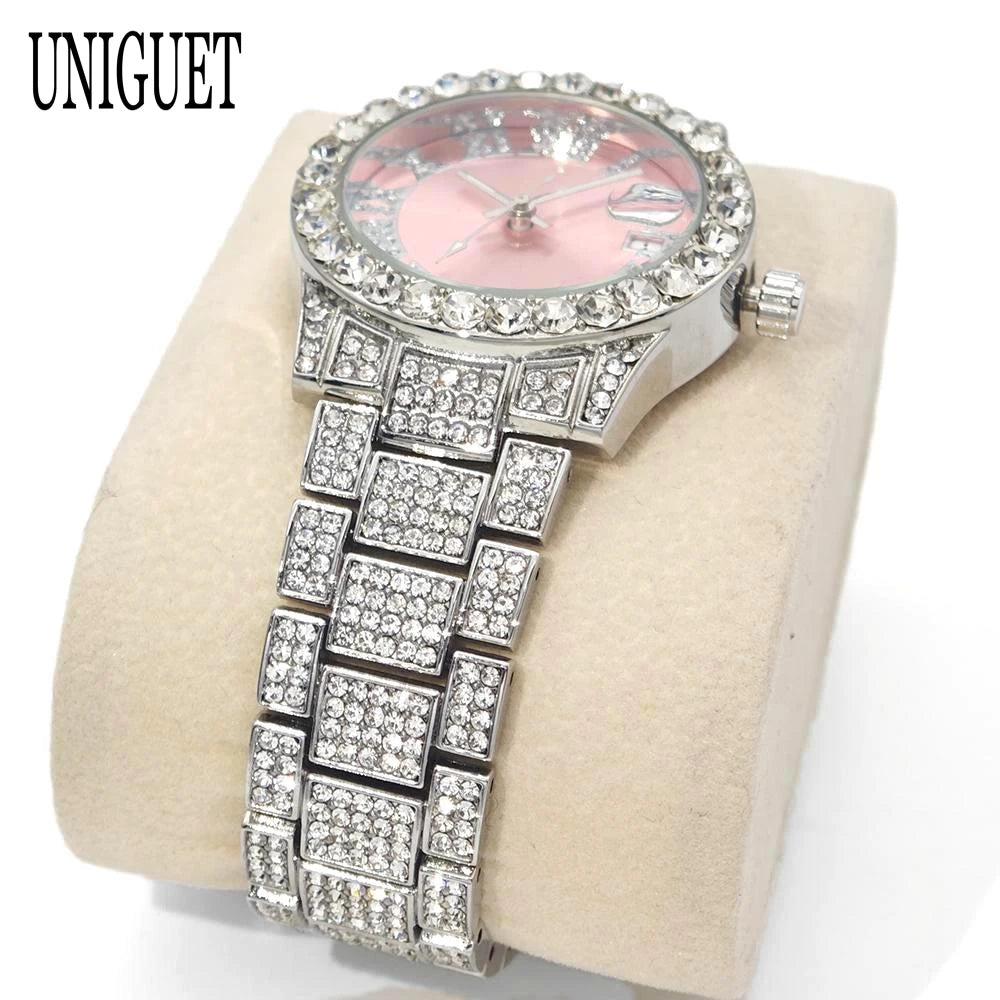 Hot Fashion Luxury Brand UNIGUET Womens Watch Elegant Pink Diamond Small Dial BlingBling Quartz Ladies Mini Iced Wristwatch Gift