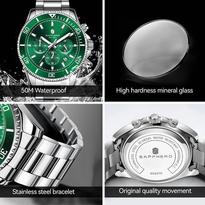 SAPPHERO Men’s Quartz Watch Luxury Chronograph Sport Wristwatch Stainless Steel Waterproof 50M Date Luminous Business Watch