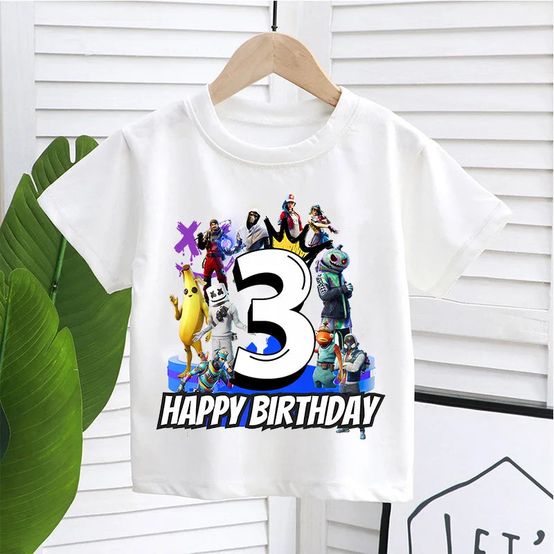 T-shirt Fortnite com Número de Aniversário para Crianças, Raparigas e Rapazes, Roupa de Verão, T-shirt em Algodão para Bebé, Top de Manga Curta para Festa, Presente para Criança Pequena