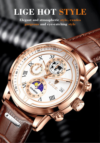 LIGE Luxury Man Wristwatch Waterproof Luminous Chronograph Watch for Men Leather Strap Men's Quartz Watches Reloj Hombre+Box