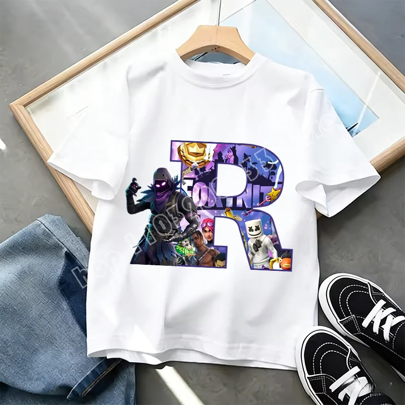 T-shirt Infantil Branco Fortnite com Estampado Alfabeto A-Z — Roupa de Verão, Jogo de Desenhos Animados Popular, Manga Curta Casual, Presente de Moda