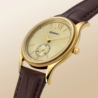 BERNY Luxury Watches for Men Classic Elegance Slim Dress Gold Quartz Men's Watch Leather Strap Fashion Business Wristwatch