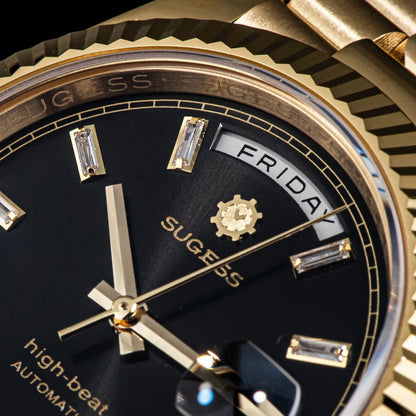 Sugess Watch Mens 40mm Date Day Automatic Dandong Peacock SL3034 Movement Retro Mechanical Wristwatch Sapphire Glass Golden New