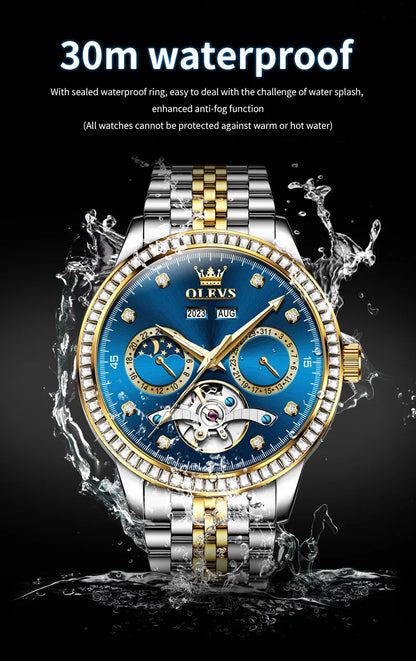 OLEVS 7016 Luxury Automatic Watch Men Skeleton Tourbillon Moon Phase Calendar Waterproof Stainless Steel Mechanical Wristwatch