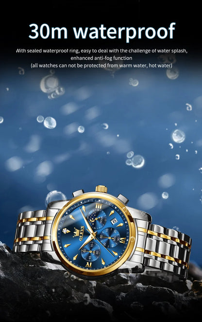 OLEVS 3639 Top Brand Original Luxury New Quartz Watch Stainless Steel Watch For Men Waterproof Luminous Moon Phase Mens Watch