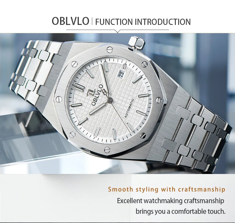 OBLVLO TM-ASP Luxury Men's Watch 41mm Blue Dial Rose Gold Automatic Luminous Waterproof Mechanical Casual Business Watch