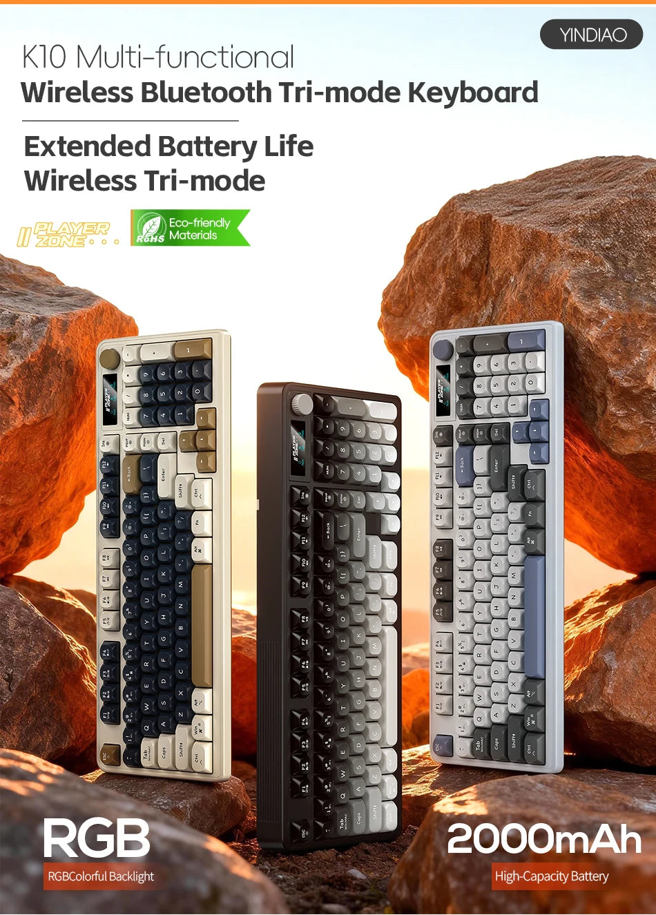 98 key Wireless Keyboard Knob Control BT/2.4g/Wired, RGB LED Backlight Display, 2000mA Battery for PC/Laptop