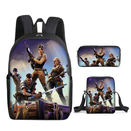 3pcs/set Mochila Fortnite de grande capacidade para estudante, estilo anime e cartoon, estojo, lancheira kawaii, presentes de aniversário