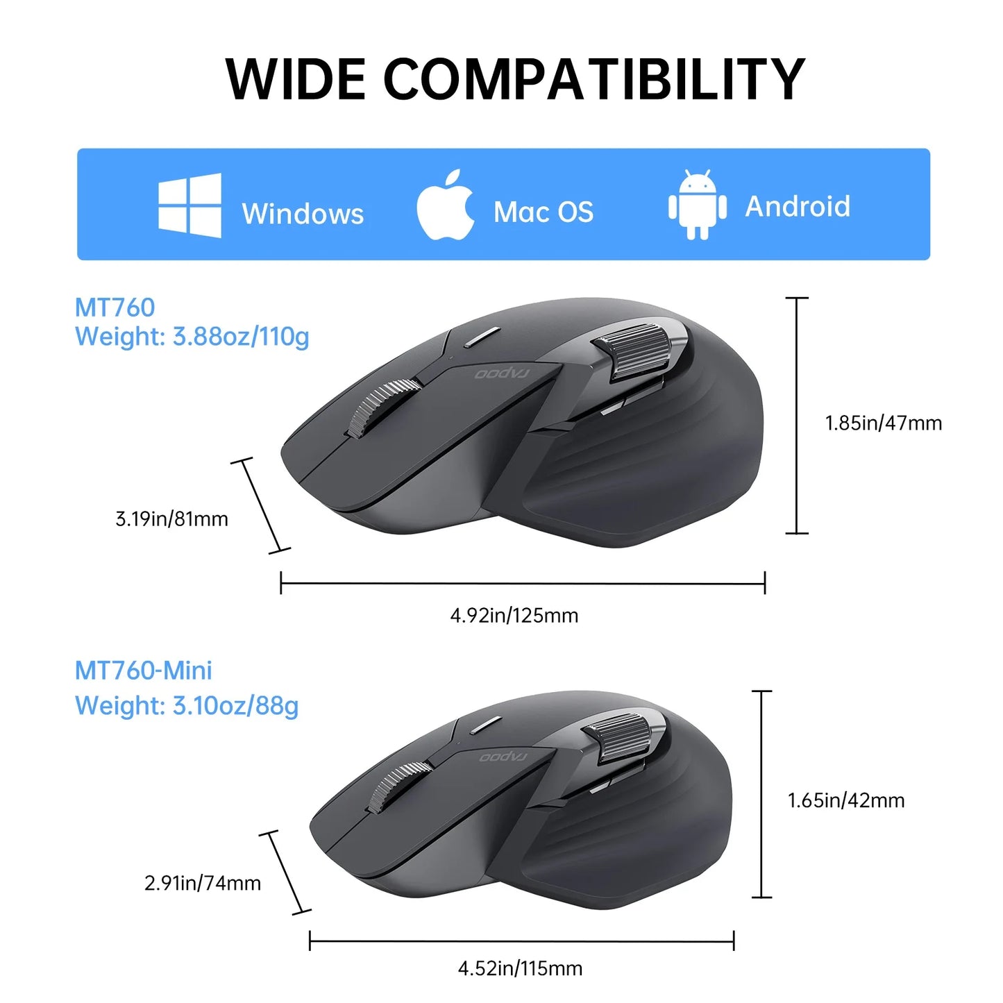 Mouse wireless ricaricabile multimodale Rapoo MT760L/MT760M ergonomico 4000 DPI, supporta fino a 4 dispositivi, mouse Bluetooth