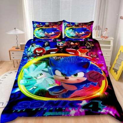 Conjunto de capa de edredão Sonic de 2/3 peças para crianças, conjunto de roupa de cama com capa de edredão para decoração de quarto, adolescentes e presentes para crianças, cama individual ou de casal