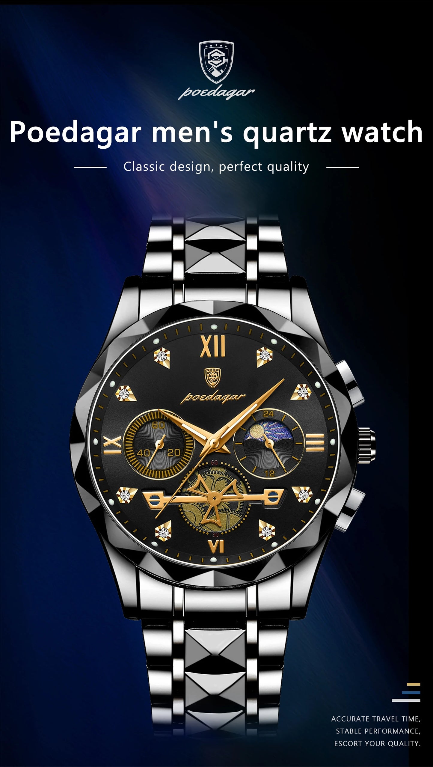 POEDAGAR Top High Quality Man Wristwatch Stainless Steel Chronograph Business Men Watch Waterproof Luminous Quartz Men's Watches