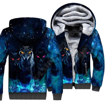 Sweatshirts com Capuz e Fecho em Polar com Estampado 3D de Lobo para Homem e Mulher, Casaco de Inverno Quente em Veludo Duplo Plus, Fatos de Cosplay JR09