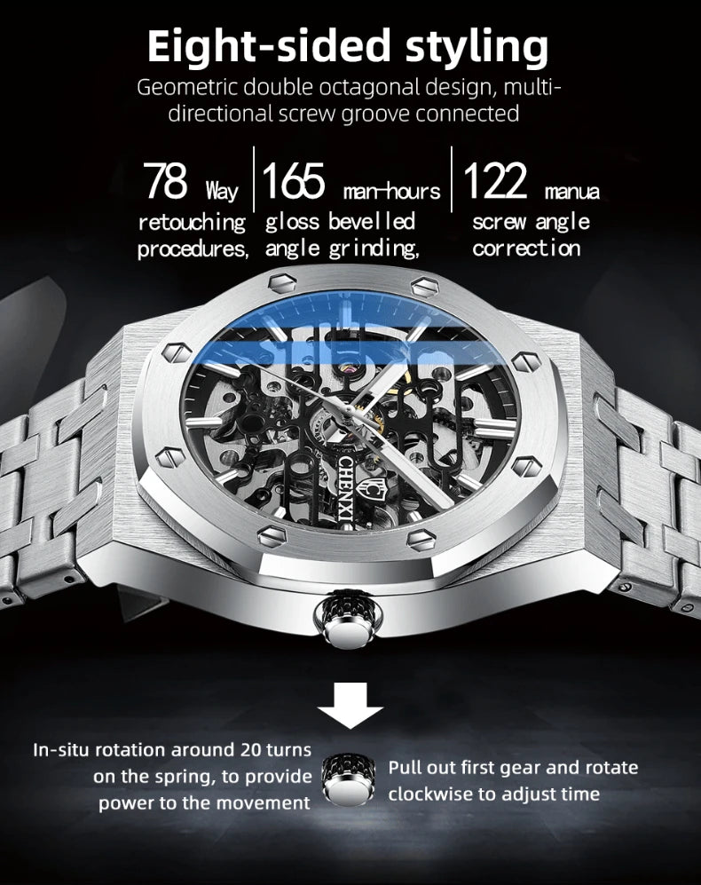 CHENXI Automatic Mens Watches Waterproof Business Stainless Steel Sport Mens Watches Top Brand Mechanical Tourbillon Wrist Watch