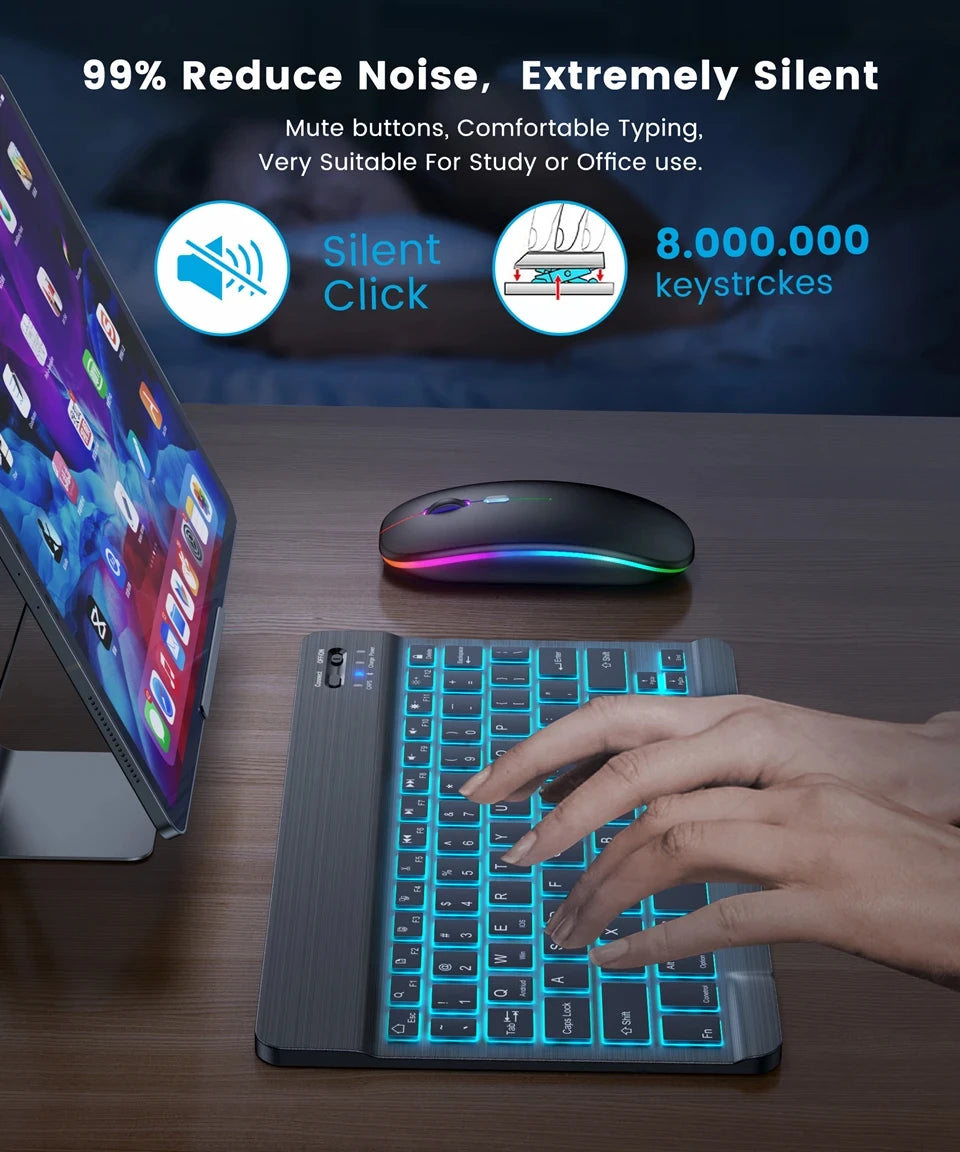 Mini Backlit RGB 10-inch Bluetooth Keyboard Wireless Mouse Rechargeable for Spanish Russian Hebrew Korean French Arabic Portuguese