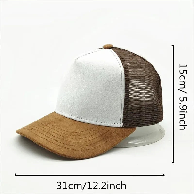 Boné trucker unissexo 2025 de 5 painéis em malha e camurça com logótipo personalizado, boné de basebol para homem, primavera/verão, respirável, desportivo, para mulher