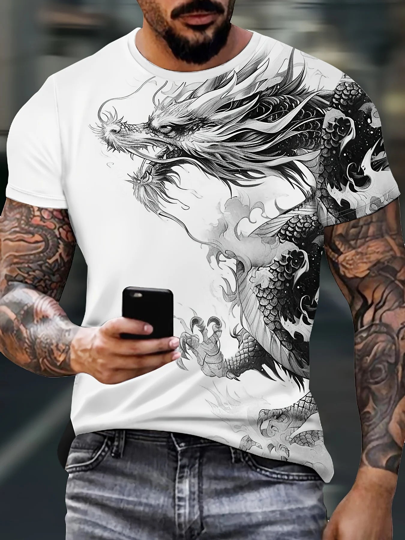 T-shirt til mænd med drageprint, afslappet åndbart stof, grafisk tee i street style, udendørs mode, kortærmet skjorte, herre-T-shirts