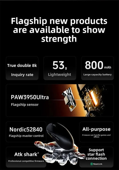 Bezprzewodowa mysz gamingowa Bluetooth ATK Dragonfly A9, ergonomiczna konstrukcja, szybka reakcja, PAW3950 Ultra, 800mAh, lekka, 8KHz, e-sportowa