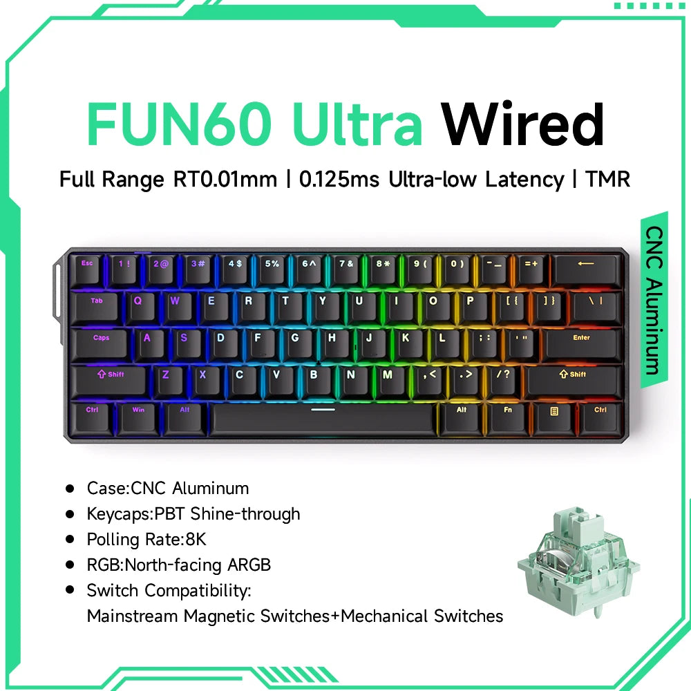 Akko MonsGeek FUN60 mechanische Tastatur mit Magnetschaltern, 60% Gaming-Tastatur, Rapid Trigger 0.01mm, 8K ARGB, HE/TMR Custom-Tastatur