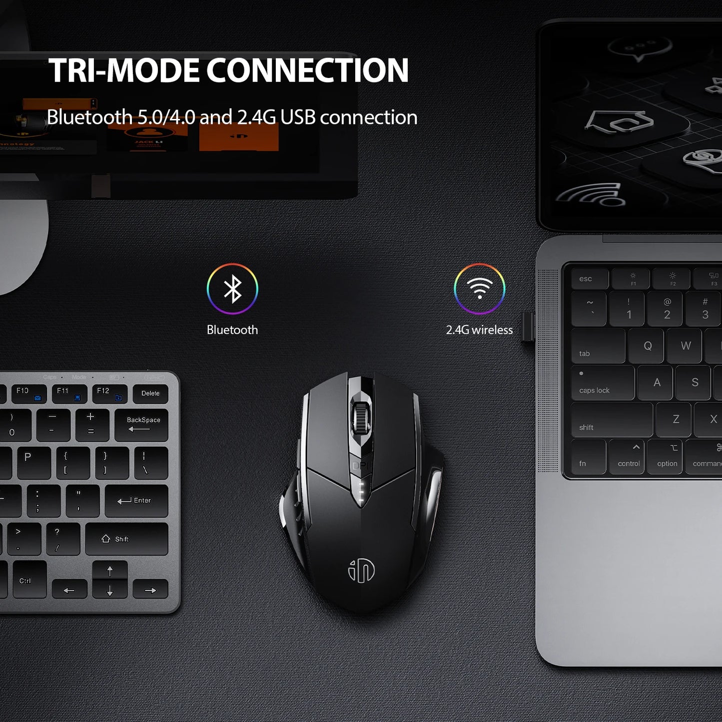 INPHIC A1 Bluetooth Wireless Mouse Rechargeable Tri-Mode 2.4G Optical Mouse for Laptop, Mac, PC, Tablet & Mobile with 1600 DPI