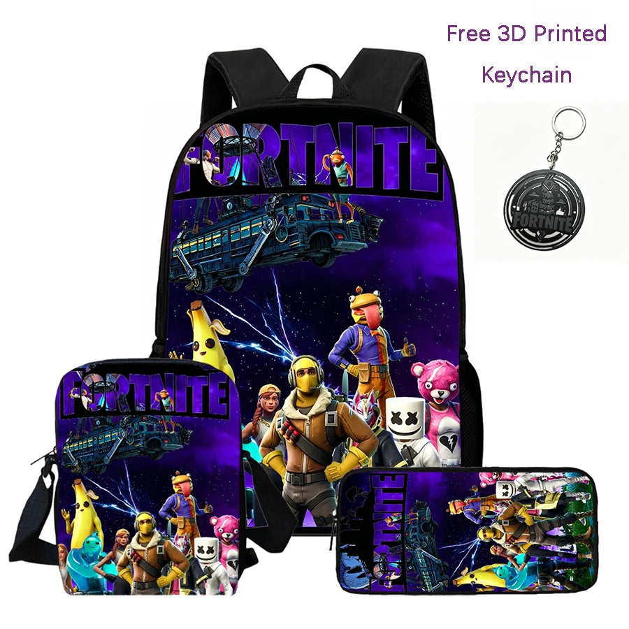 3Pcs Kids Backpack Set, Crossbody & Pencil Bag, FORTNITE Cartoon Bag, Lightweight for Boys Girls 6-10, Free 3D Printed Keychain