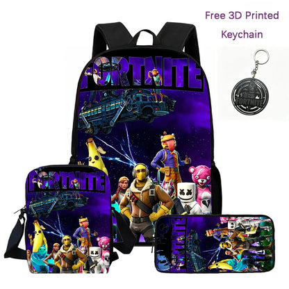 3Pcs Kids Backpack Set, Crossbody & Pencil Bag, FORTNITE Cartoon Bag, Lightweight for Boys Girls 6-10, Free 3D Printed Keychain