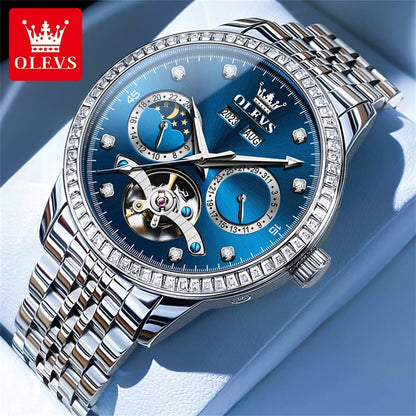 OLEVS 7016 Luxury Automatic Watch Men Skeleton Tourbillon Moon Phase Calendar Waterproof Stainless Steel Mechanical Wristwatch