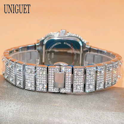 UNIGUET New Women Full Diamond Iced out Watch Fashion Square Rainbow Dial Hip Hop Bling Luxury Quartz Ladies Wristwatch Hot Sale
