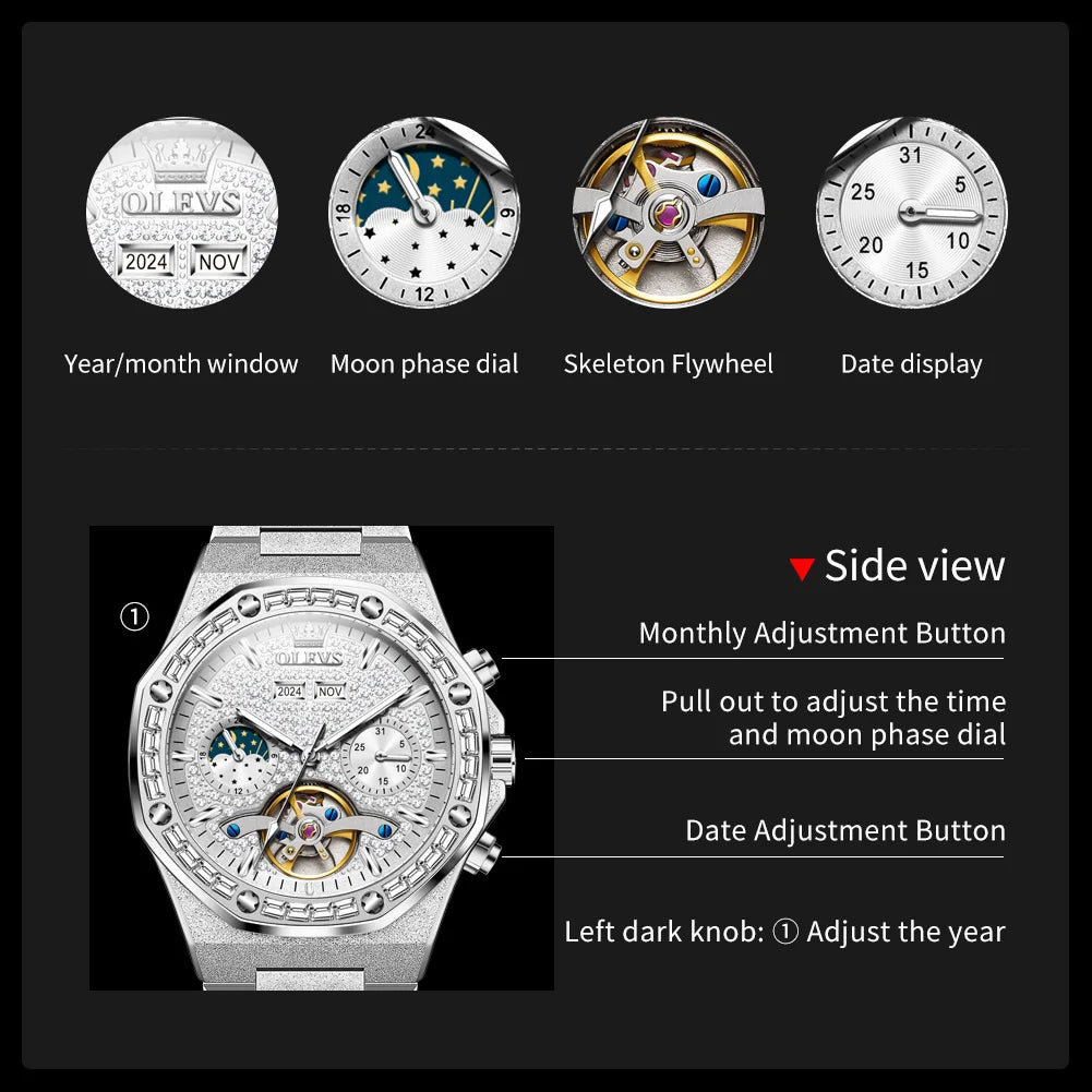 OLEVS 9805 Skeleton Automatic Man Watch Luxury Fashion Matte Texture Full Diamond Moon Phase Waterproof Mechanical Wristwatches