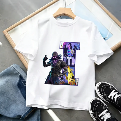 T-shirt Infantil Branco Fortnite com Estampado Alfabeto A-Z — Roupa de Verão, Jogo de Desenhos Animados Popular, Manga Curta Casual, Presente de Moda