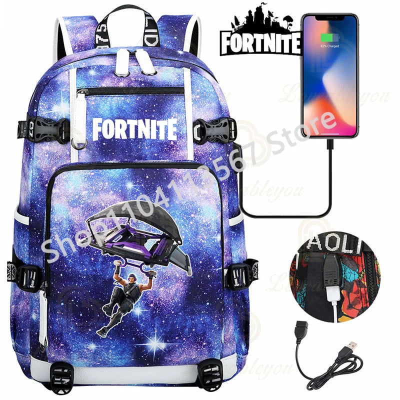 Mochila Red Jade F-Fortnited Battle Royale com carregamento USB, figuras anime e compartimento para material escolar para estudantes