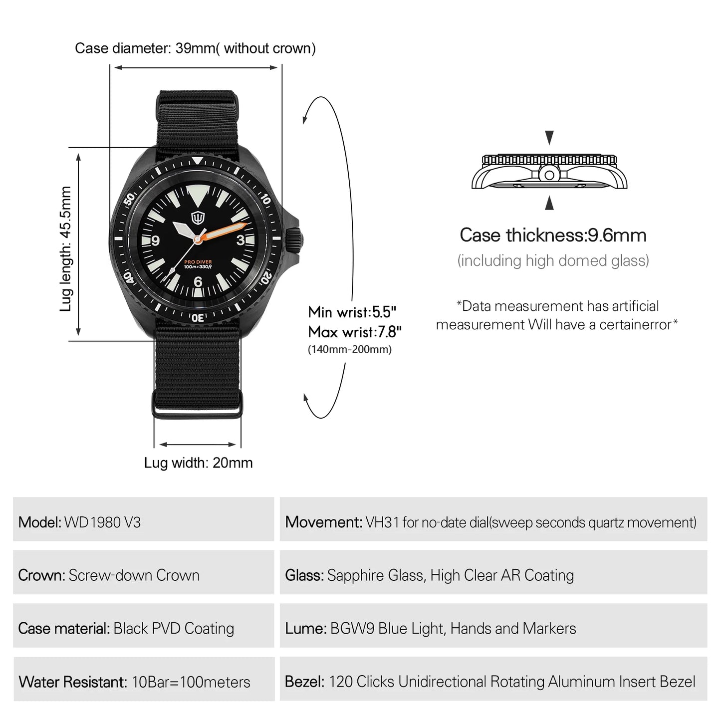 Relógio de Luxo Watchdives WD1980 V3 para Homem, Movimento de Quartzo VH31 com Segundos Fluentes, Vidro de Safira com Revestimento AR, Impermeável 10Bar