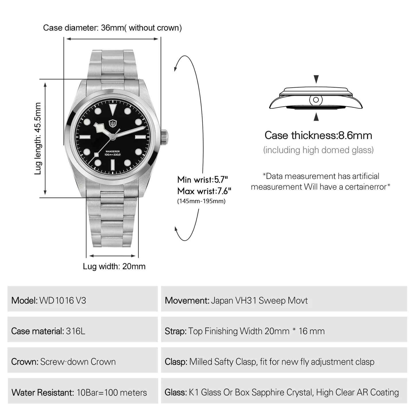 Watchdives WD1016 V3 Watch 37mm VH31 Sweep Quartz Movemet Stainless Steel Watch Waterproof Luminous Sapphire Men Wristwatch