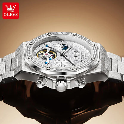 OLEVS 9805 Skeleton Automatic Man Watch Luxury Fashion Matte Texture Full Diamond Moon Phase Waterproof Mechanical Wristwatches